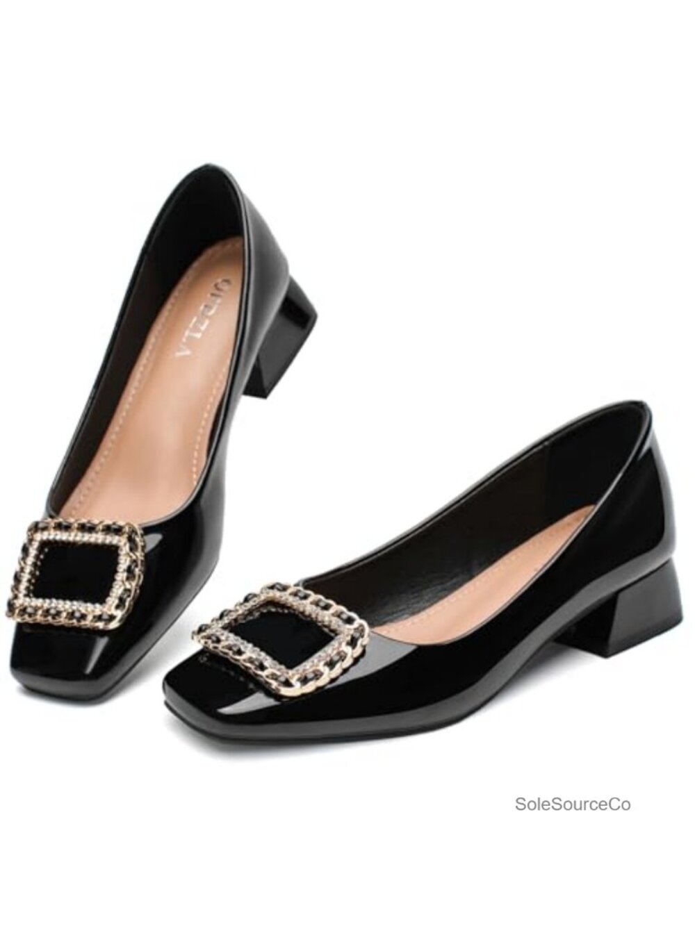 Faux Leather Low Block Heel Pumps Square Toe Dress Work Shoes